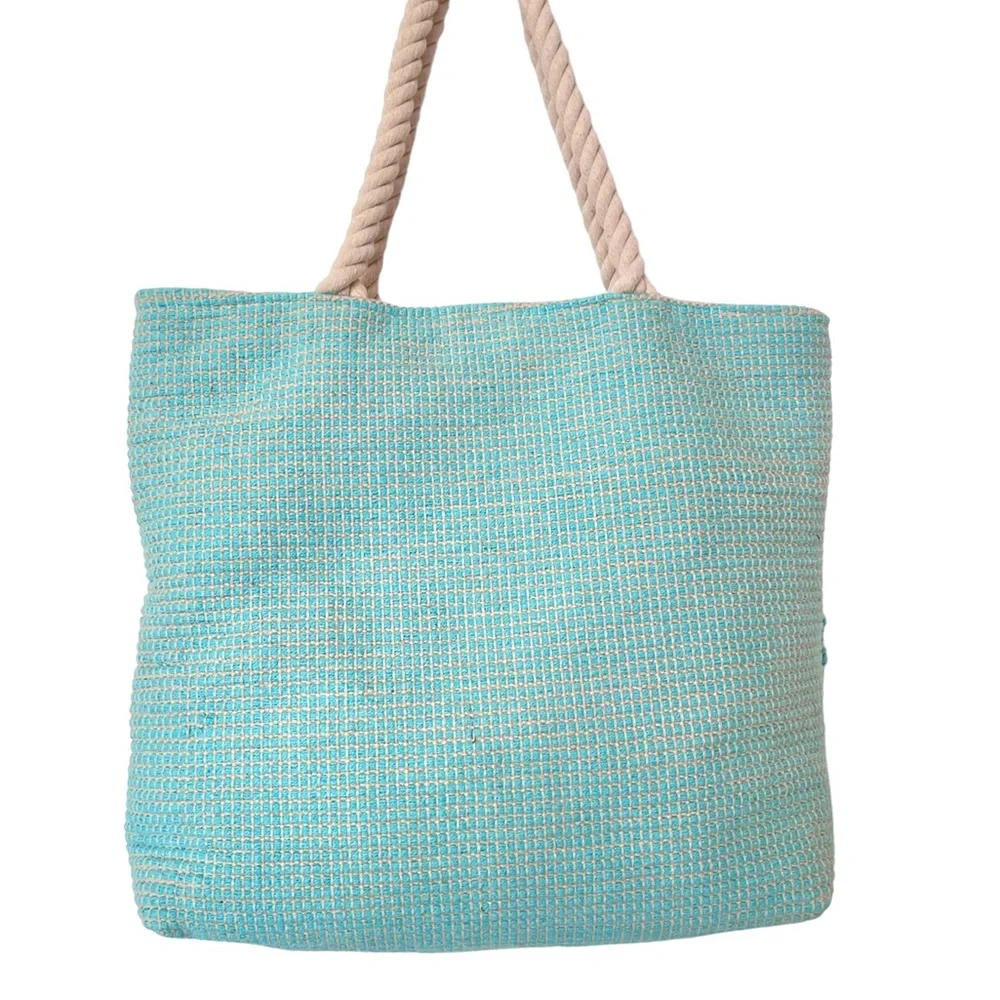 🪷 Turquoise / Teal Jacquard Beach Tote Bag